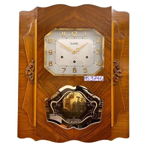 Đồng hồ cổ Vedette số nổi vàng thùng vân nu đối xứng